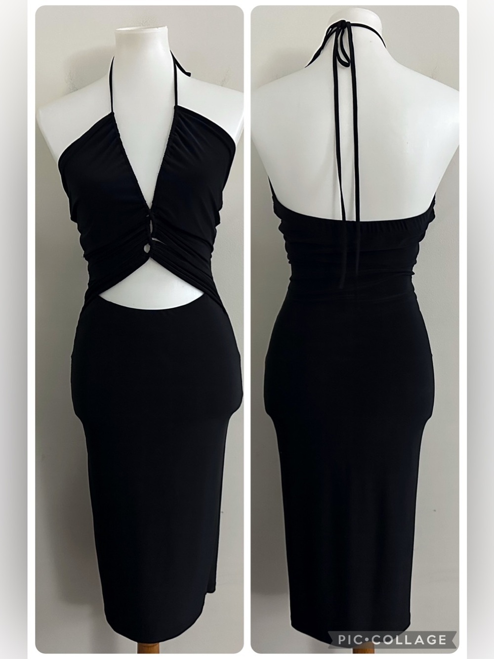 Sabora Black Halter Backless Midi Dress with Front Cutout Party Chic Whimsigoth